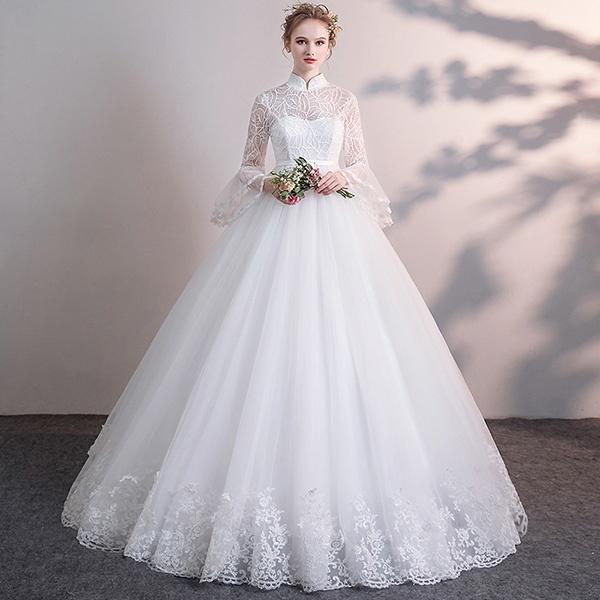 花嫁 ウェディングドレス ハイウエスト袖あり 着痩せ ぽっちゃり 結婚式 二次会 ドレス