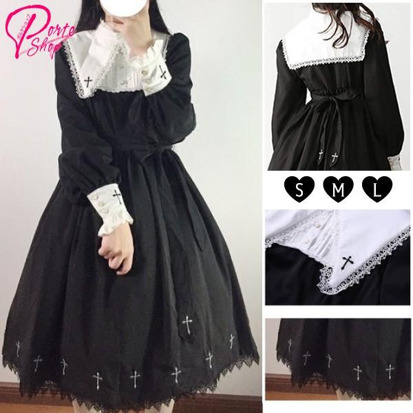 ゴスロリ 十字架 クロス ワンピース クラシカル ロリータ ゴシック 黒 コスプレ 衣装 襟 着脱 取り外し 可能 Canadadestino Com