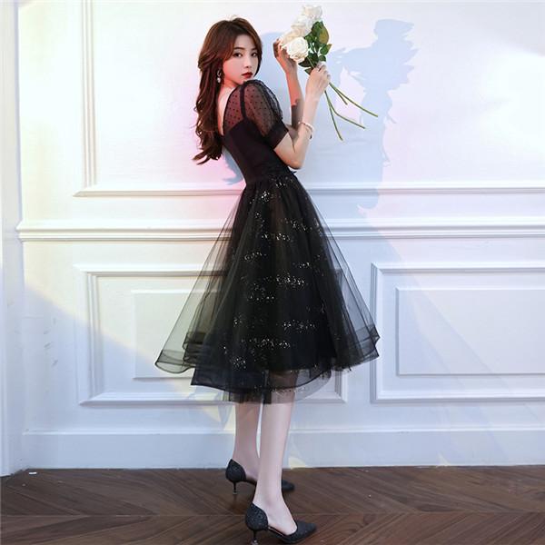 パーティードレス パフスリーブ 結婚式 ワンピース ブラック 黒 パーティードレス パフスリーブ 結婚式 ワンピース ブラック 黒