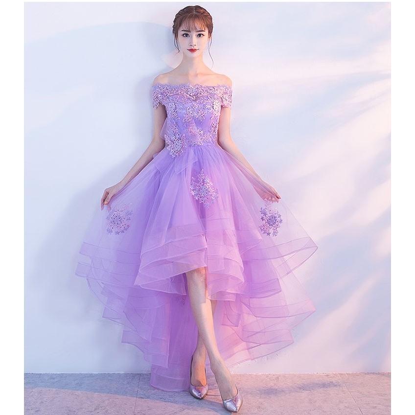 【一点もの】コンテストドレスパーティー パープル フィッシュテール パーティー ミモレ丈ドレス パープル ドレス 発表会