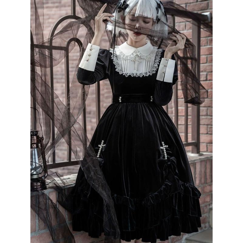 ワンピース ロリータ ハロウィン シスター風 十字架 ミモレ丈