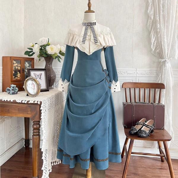 エレガント クラシック お姫風 ロリ−タ ワンピース 紺色　L101＃ ロリータ ワンピース 洋服 レトロ風 ロング丈 リボン 長袖 ゴスロリ