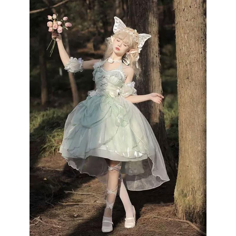 ワンピース ロリータ フィッシュテール ショート丈 リボン 花飾り