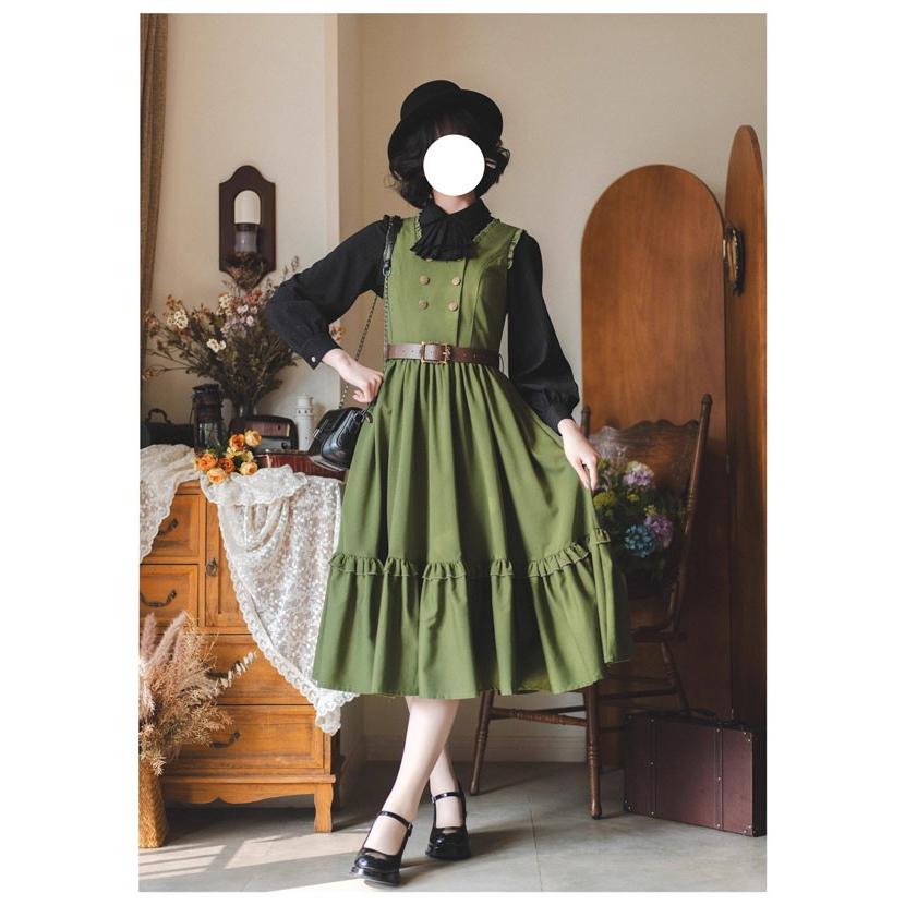 ロリータ ハートポケットワンピース クラロリ グリーン 甘いロリータOPドレスグリーンポリエステル長袖蝶結びフリル