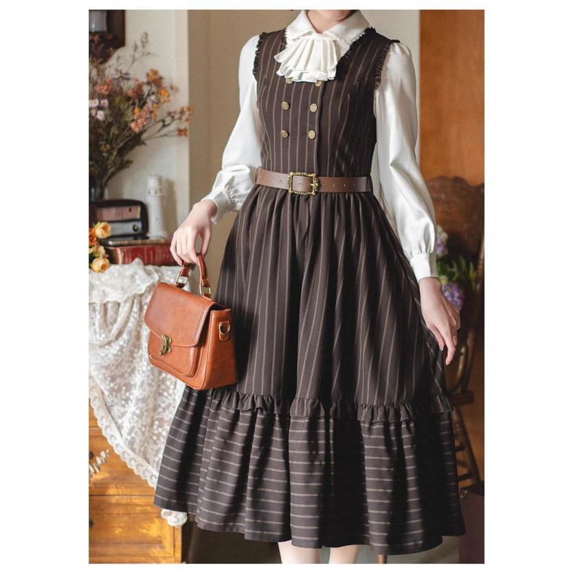 ロリータ ワンピース ジャンパースカート 春 トップス ミモレ丈 ジャンスカ クラロリ ゴスロリ ハイウエスト Aライン 上品 無地 ロリータファッション フリルの画像