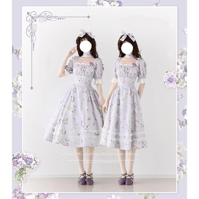 ロリータ ワンピース 花柄 春夏用 ミモレ丈 半袖 リボン パフスリーブ レディース フレアスカート クラロリ ゴスロリ リゾートワンピ コスチューム_10