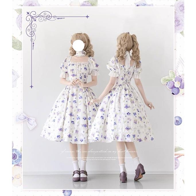 ロリータ ワンピース 花柄 春夏用 ミモレ丈 半袖 リボン パフスリーブ レディース フレアスカート クラロリ ゴスロリ リゾートワンピ コスチューム_12
