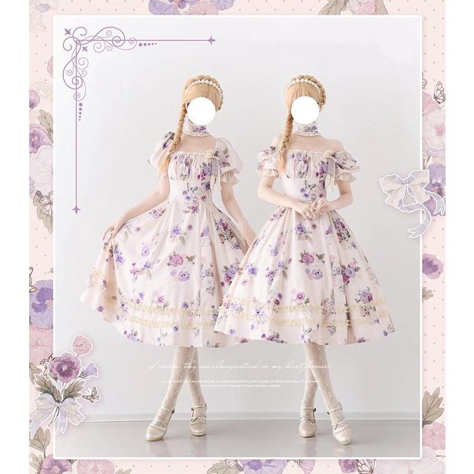 ロリータ ワンピース 花柄 春夏用 ミモレ丈 半袖 リボン パフスリーブ レディース フレアスカート クラロリ ゴスロリ リゾートワンピ コスチューム_2