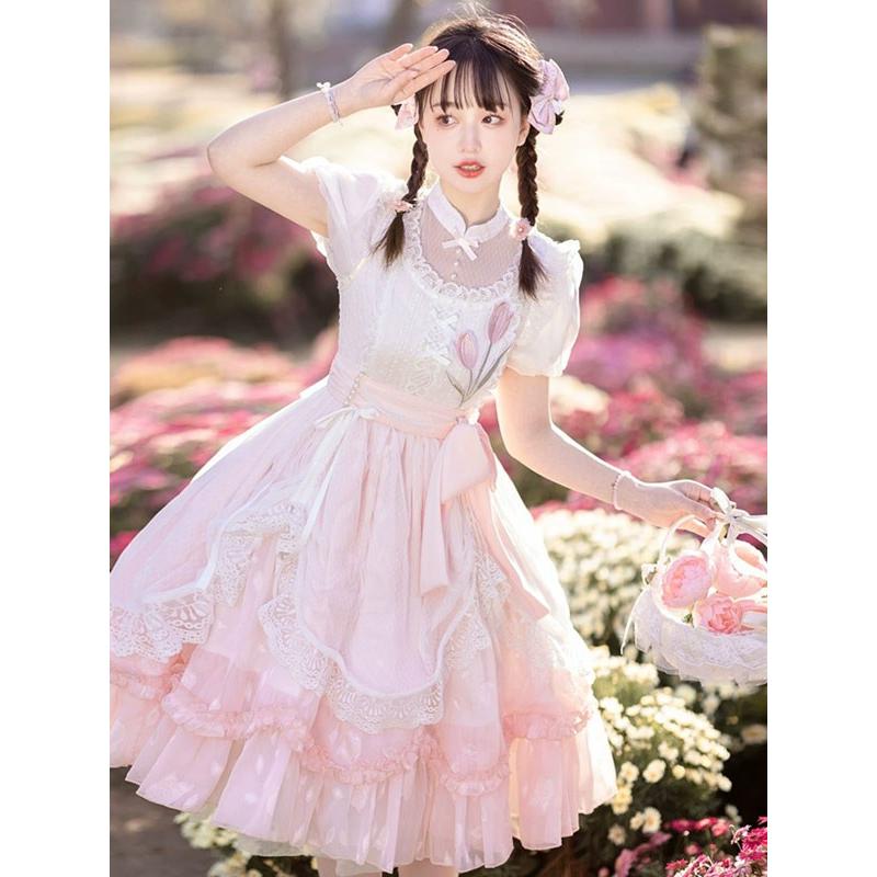 ロリータ ワンピース 洋服 花柄 レディース 膝丈 半袖 リボン パフスリーブ フリル レース ハイウエスト ロリィタファッション 上品 プリンセス 姫系 ドレス_1