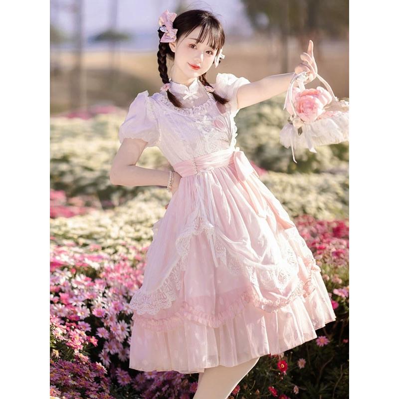 ロリータ ワンピース 洋服 花柄 レディース 膝丈 半袖 リボン パフスリーブ フリル レース ハイウエスト ロリィタファッション 上品 プリンセス 姫系 ドレス_2