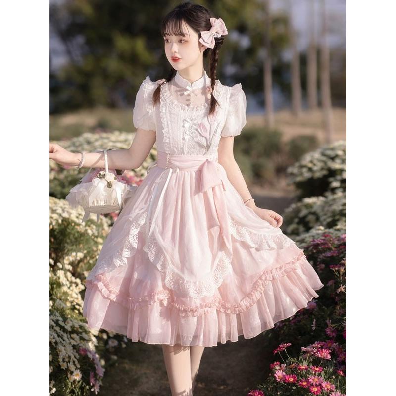 ロリータ ワンピース 洋服 花柄 レディース 膝丈 半袖 リボン パフスリーブ フリル レース ハイウエスト ロリィタファッション 上品 プリンセス 姫系 ドレス_3