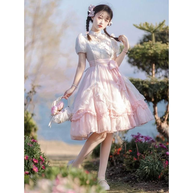 ロリータ ワンピース 洋服 花柄 レディース 膝丈 半袖 リボン パフスリーブ フリル レース ハイウエスト ロリィタファッション 上品 プリンセス 姫系 ドレス_4