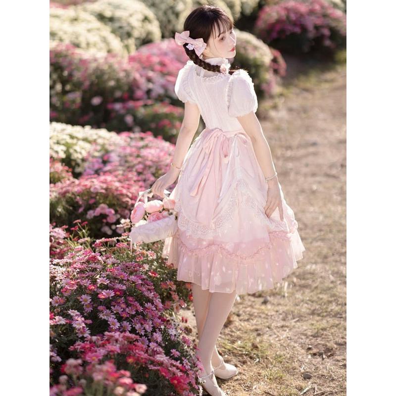 ロリータ ワンピース 洋服 花柄 レディース 膝丈 半袖 リボン パフスリーブ フリル レース ハイウエスト ロリィタファッション 上品 プリンセス 姫系 ドレス_6