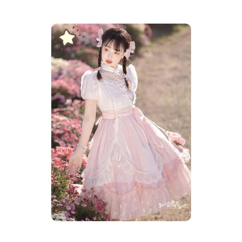 ロリータ ワンピース 洋服 花柄 レディース 膝丈 半袖 リボン パフスリーブ フリル レース ハイウエスト ロリィタファッション 上品 プリンセス 姫系 ドレス_7