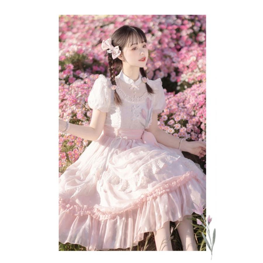 ロリータ ワンピース 洋服 花柄 レディース 膝丈 半袖 リボン パフスリーブ フリル レース ハイウエスト ロリィタファッション 上品 プリンセス 姫系 ドレス_8