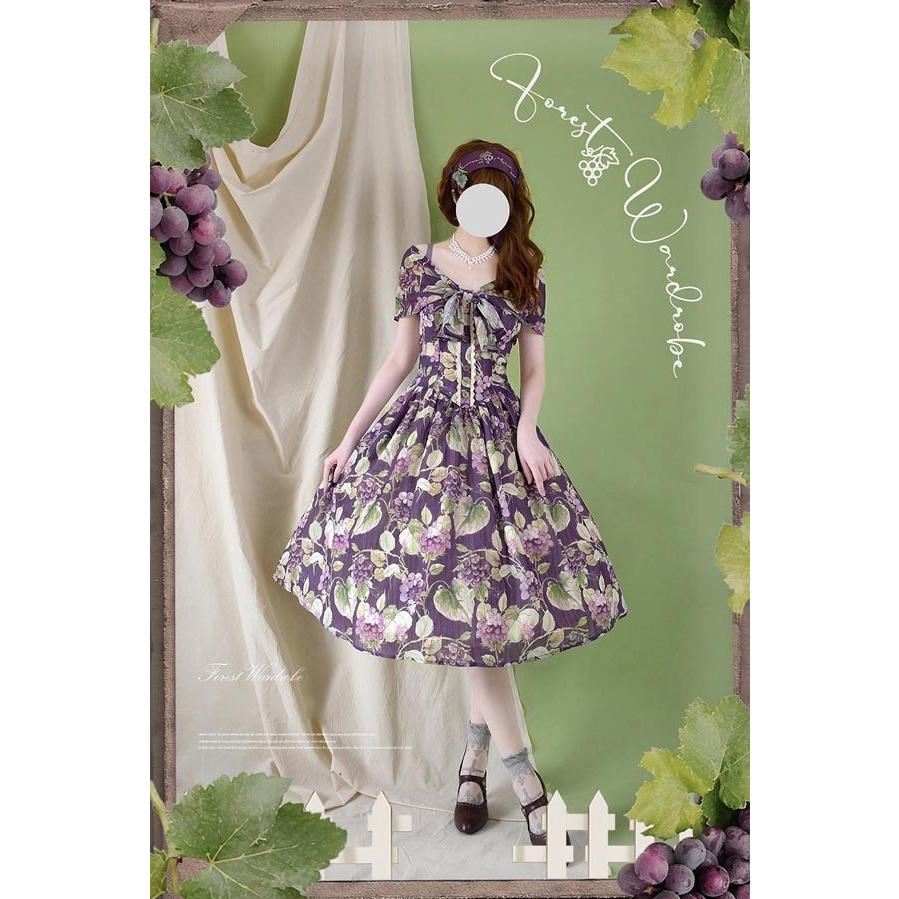 ロリータ ワンピース グレープ柄 春夏用 ミモレ丈 半袖 リボン パフスリーブ レディース フレアスカート クラロリ ゴスロリ リゾートワンピ フリル  L XL ２XL_10