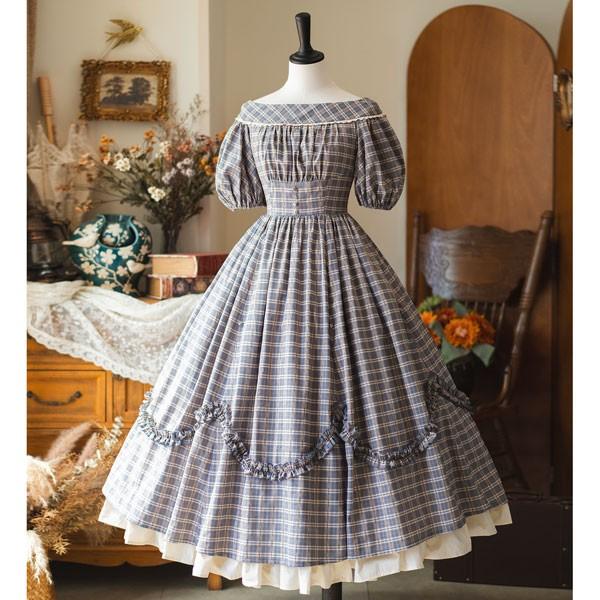 オフショルダー チェック柄 ワンピース ロリータ ロリータ ワンピース 2WAY オフショルダー チェック柄 春夏用 着丈調整