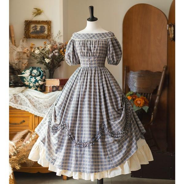 ロリータ ワンピース 2WAY オフショルダー チェック柄 春夏用 着丈調整