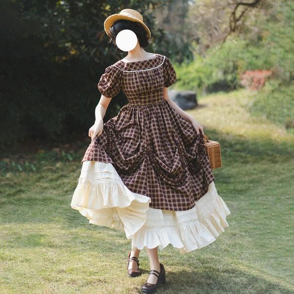 オフショルダー チェック柄 ワンピース ロリータ ロリータ ワンピース 2WAY オフショルダー チェック柄 春夏用 着丈調整