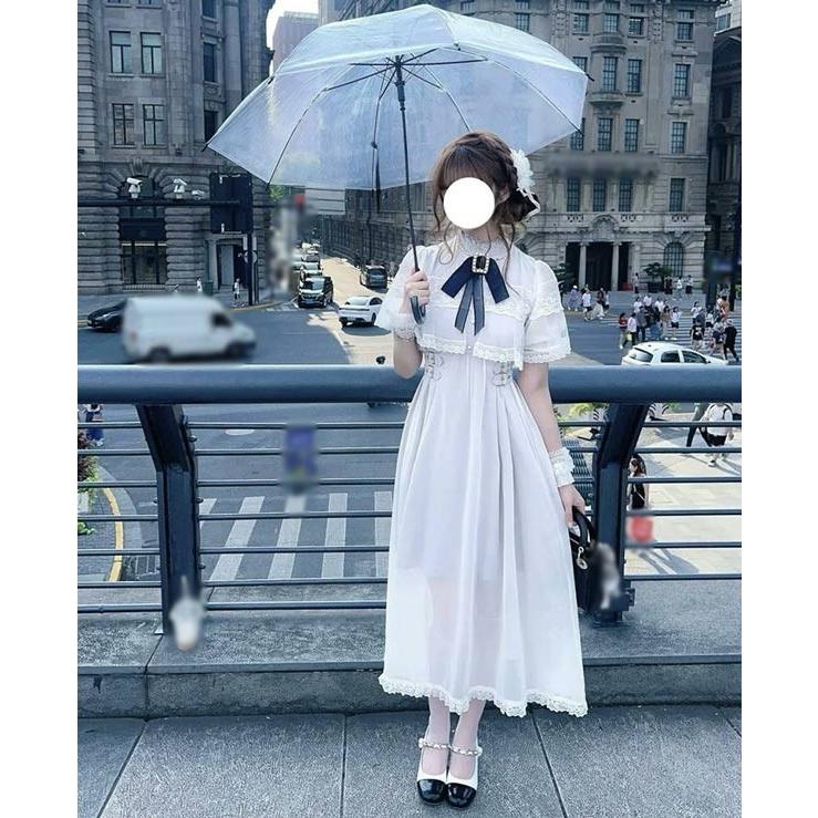 ワンピース 長袖 丸襟 フリル襟 蝶結び リボン付き 膝丈スカート OP