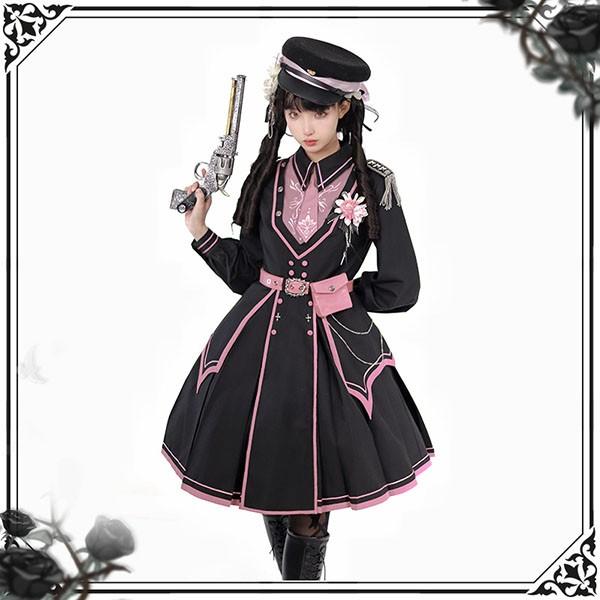 ミニロリ 軍服ロリータ ゴスロリ フルセット ワンピース 長袖あり 肩章