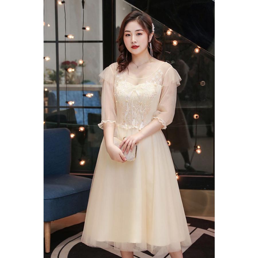 ドレス 大人 ピアノ 発表会 ミモレ丈 ぽっちゃり 大きいサイズ 刺繍