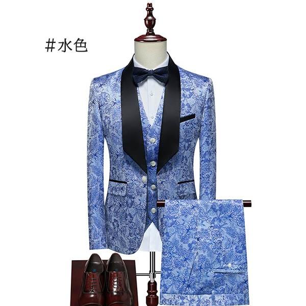 タキシード メンズ スーツ ショールカラー ジャケット 長ズボン 上下セット 3点セットアップ 演出服 ステージ衣装 光沢のあるジャケット 衣装 白 紺 紫 赤 青_10
