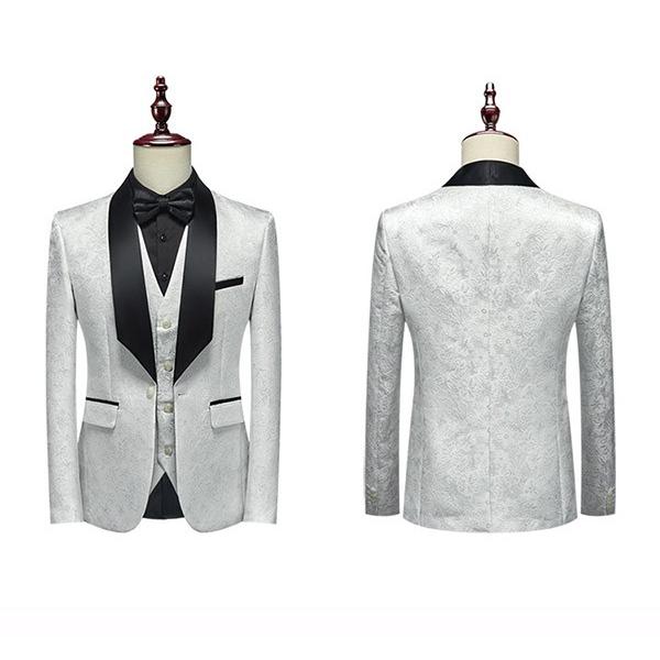 タキシード メンズ スーツ ショールカラー ジャケット 長ズボン 上下セット 3点セットアップ 演出服 ステージ衣装 光沢のあるジャケット 衣装 白 紺 紫 赤 青_3