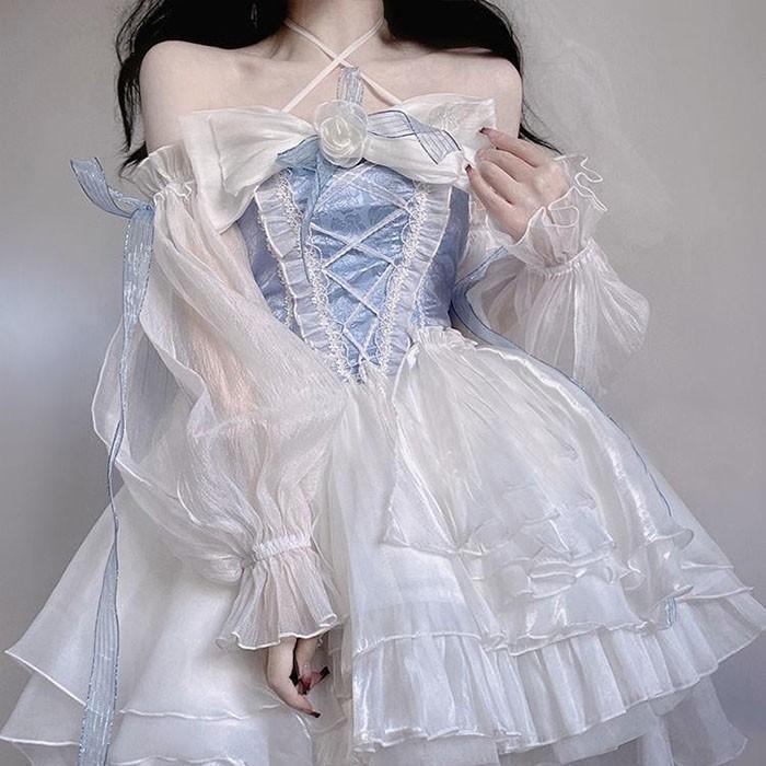 ワンピース ロリータ Lolita ドレス ブルー ホワイトリボン トレーン