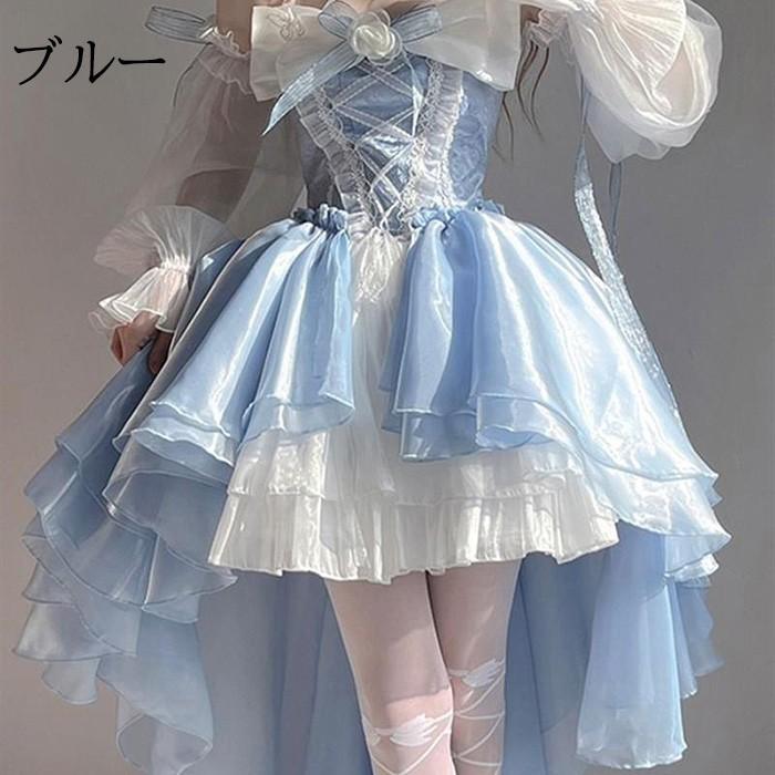 ワンピース ロリータ Lolita ドレス ブルー ホワイトリボン トレーン