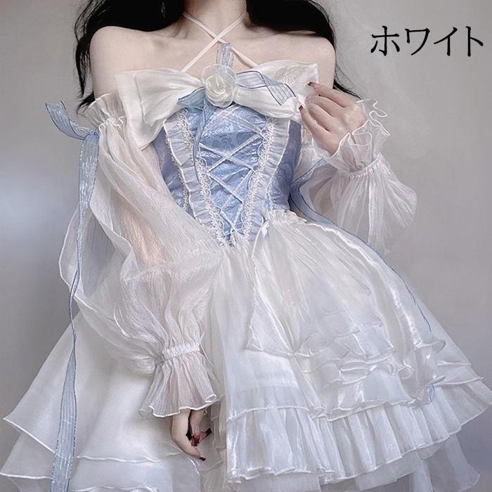 ワンピース ロリータ Lolita ドレス ブルー ホワイトリボン トレーン