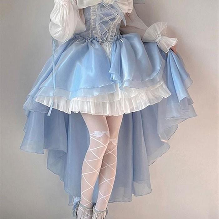 ワンピース ロリータ Lolita ドレス ブルー ホワイトリボン トレーン