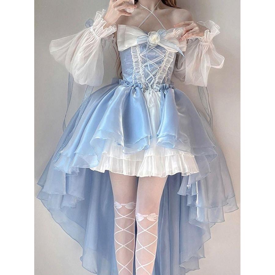 ワンピース ロリータ Lolita ドレス ブルー ホワイトリボン トレーン
