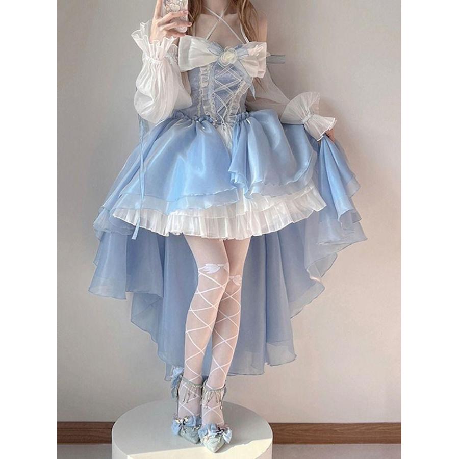 ワンピース ロリータ Lolita ドレス ブルー ホワイトリボン トレーン