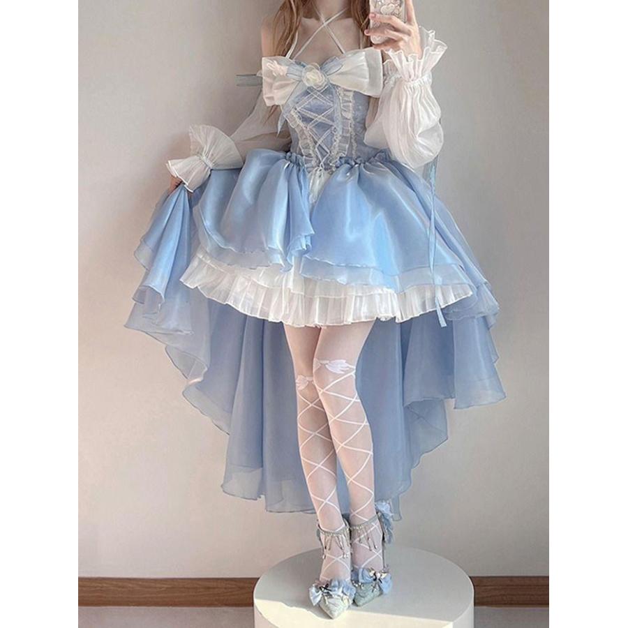 ワンピース ロリータ Lolita ドレス ブルー ホワイトリボン トレーン