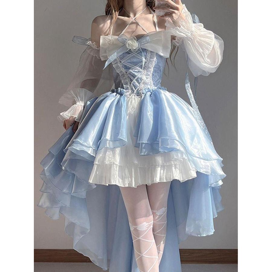 ワンピース ロリータ Lolita ドレス ブルー ホワイトリボン トレーン