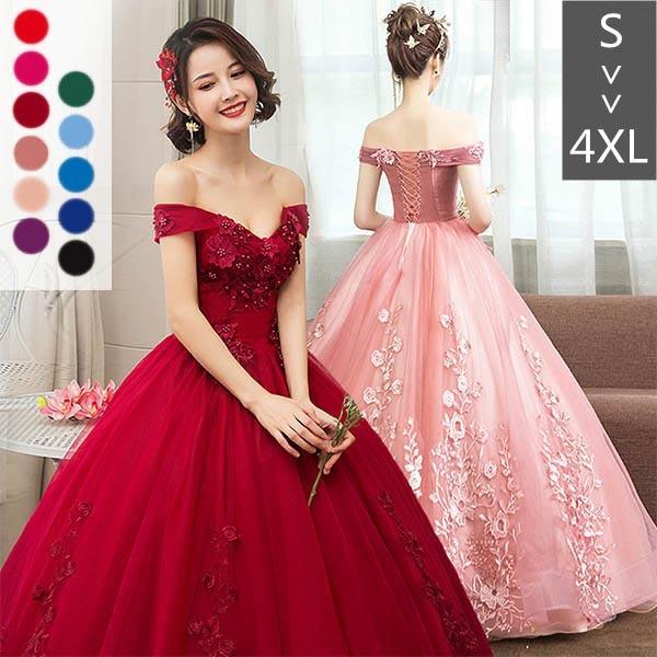 カラードレス ロングドレス 袖あり オフショルダー 刺繍 ウェディングドレス ロング丈 大きいサイズ ピアノ 発表会 成人式