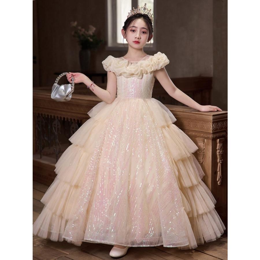 お姫様ドレス 女の子用 ロングドレス ピアノ発表会 演奏会 結婚式 フォーマル かわいい プリンセスドレス フラワーガール スパンコール付き 110〜160cmの画像