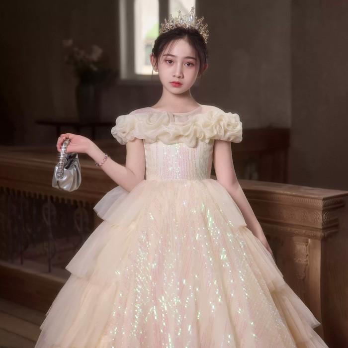 お姫様ドレス 女の子用 ロングドレス ピアノ発表会 演奏会 結婚式 フォーマル かわいい プリンセスドレス フラワーガール スパンコール付き 110〜160cmの画像