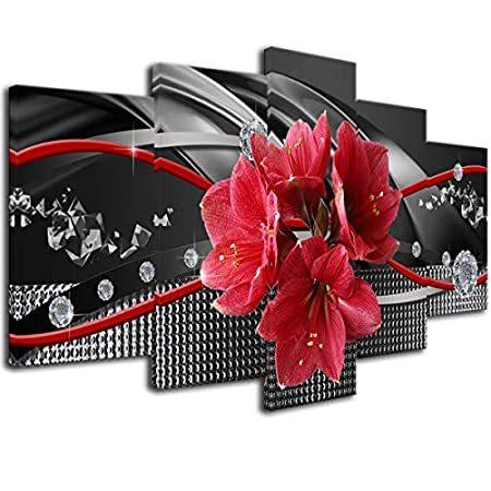赤い花 キャンバス ウォールアート プリント 写真 ブラック 5ピース 絵画 ホームデコ 寝室 すぐに掛けられる フレーム入り モダンアートワーク W お待たせ