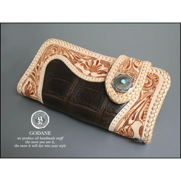 特典つき GODANE ゴダン 最高級本クロコ＆カービング＆ターコイズ・シルバーチェーンウォレット/長財布 あすつく