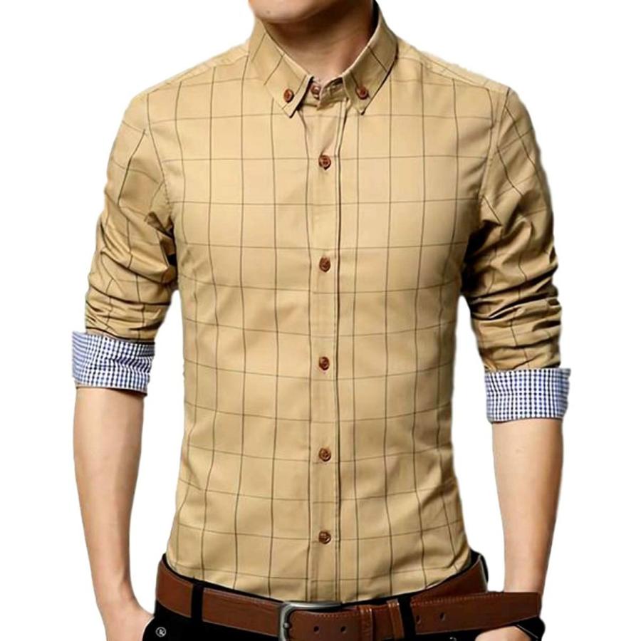 超安い （ナガポ）NAGAPO メンズ ベージュ) (XL, ボタン ビジネス も 大きいサイズ ワイシャツ カジュアル 長袖 シャツ 柄 チェック シャツ