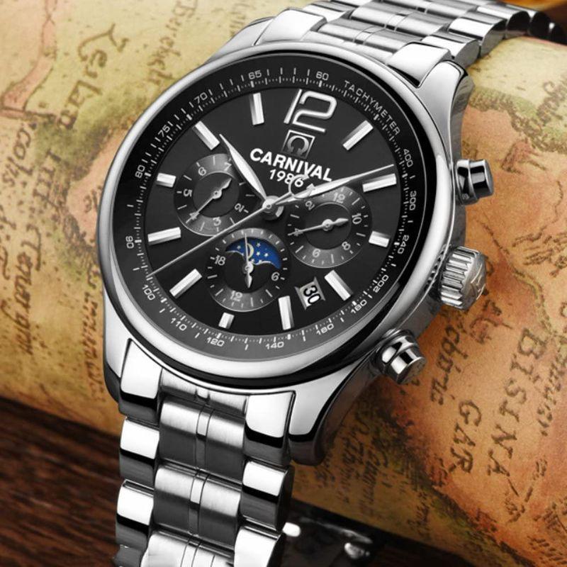 CARNIVAL 8702G メンズ 機械式腕時計 サン&ムーンフェイズ (ブラック 