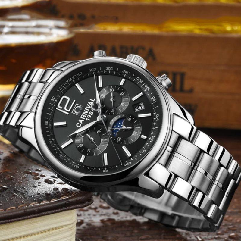 CARNIVAL 8702G メンズ 機械式腕時計 サン&ムーンフェイズ (ブラック 
