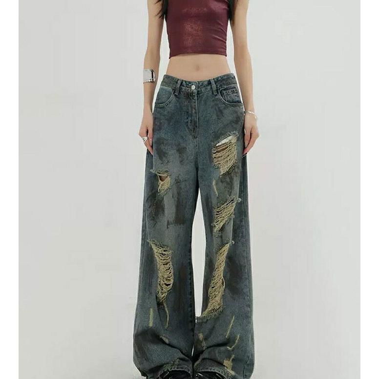 ダメージジーンズ レディース ワイドデニム 破れ クラッシュ加工