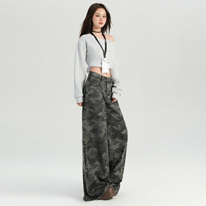 迷彩パンツ レディース カモフラ ワイドデニム ジーンズ カーゴパンツ