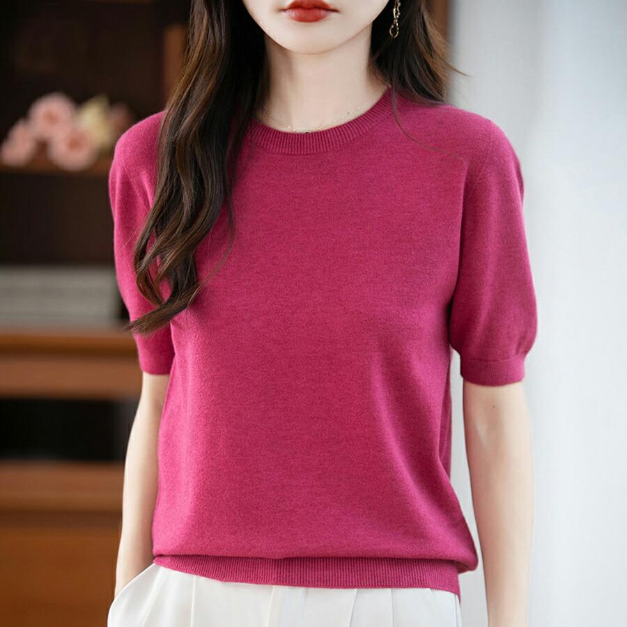 洗えるニット クルーネック ニットTシャツ レディース 半袖 サマー