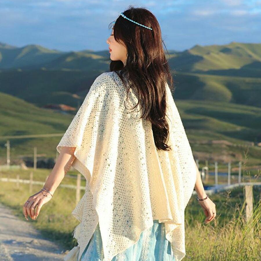 ショール レディース 夏 羽織り 透かし編み カーディガン風 ケープ
