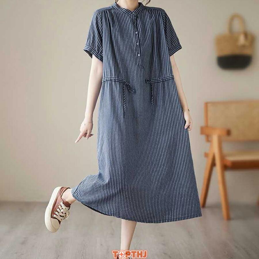 シャツワンピース ロングワンピース レディース ストライプ 半袖 ノー