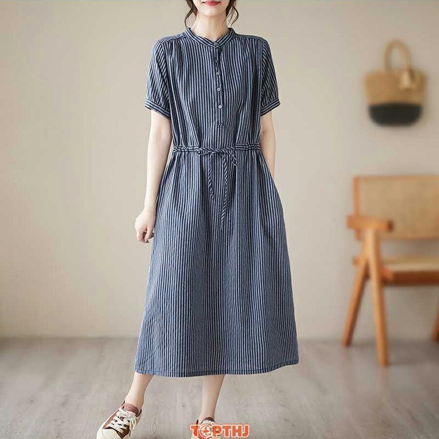 シャツワンピース ロングワンピース レディース ストライプ 半袖 ノー